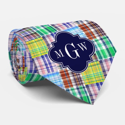 Cravate Preppy Patchwork Madras Navy Quatrefoil Monogramme (Roulé)