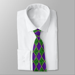 Cravate Purple Diamond Green Sequin Pattern Mardi Gras Tie