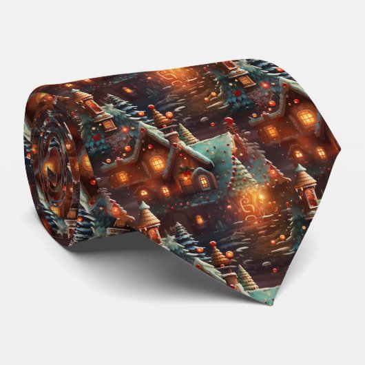 Cravate Quirky Brown and Blue Gingerbread House Pattern (Roulé)