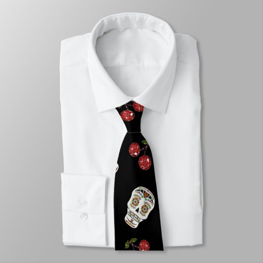 Cravate RAB Rockabilly Sugar Skulls Cherries On Black (Attaché)
