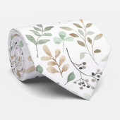 Cravate Rameaux Abstraits Feuilles Vert Blanc Marron (Roulé)