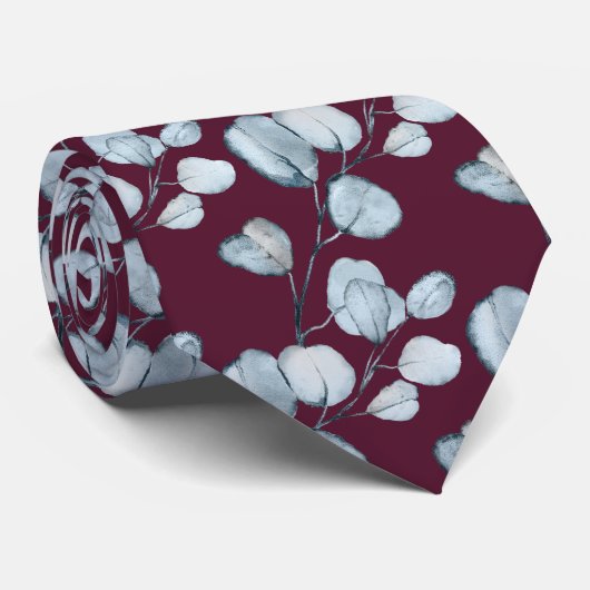 Cravate Raspberry Red Dusty Blue Eucalyptus Mariage (Roulé)