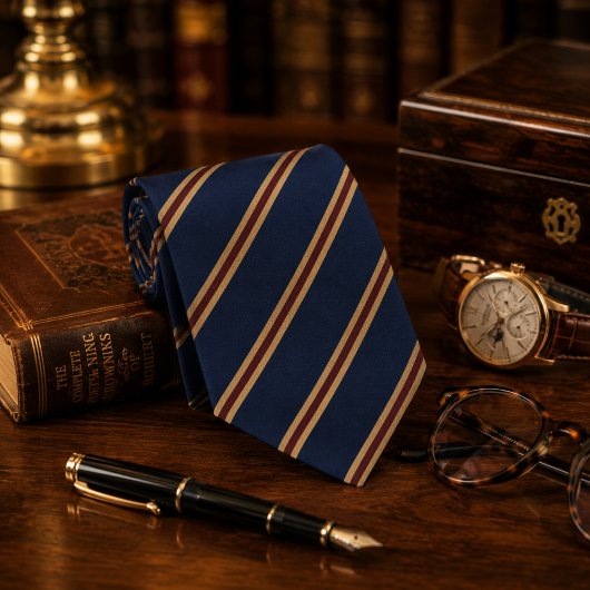 Cravate Rayure Régimentaire Navy Bourgogne & Or Héritage