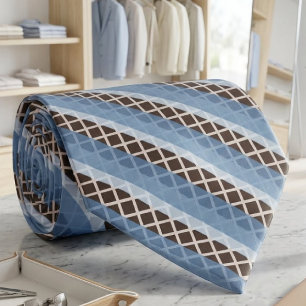 Cravate Rayures bleu grisâtre sur fond brun et grille beig