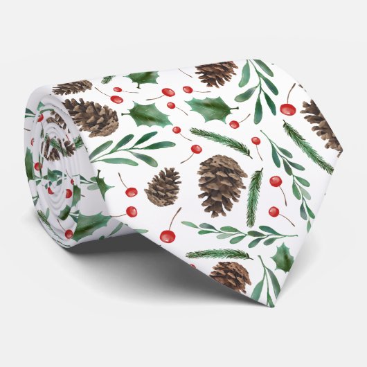 Cravate Red Christmas Berry Pinecone Pattern Holiday (Roulé)