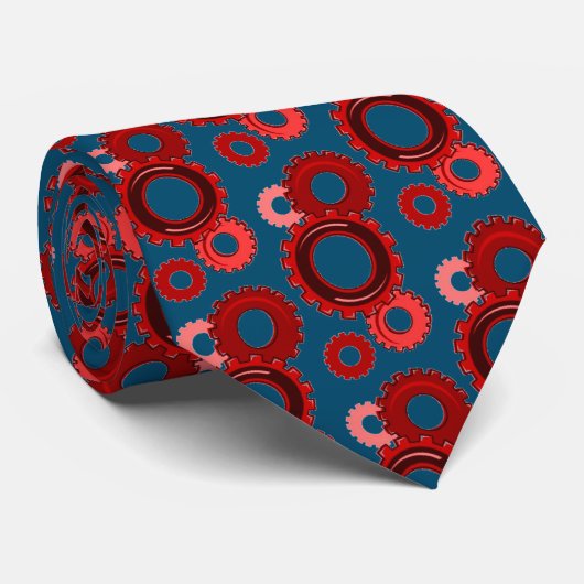 Cravate Red Gears on Navy Blue Mechanical Industrial (Roulé)