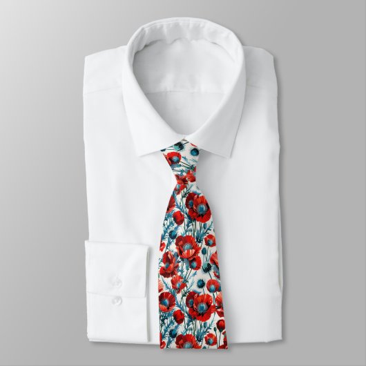Cravate Red Poppies & Silver Thistles Seamless Botanical  (Attaché)
