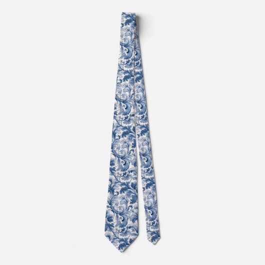 Cravate Renaissance bleue et blanche Acanthus Damask (Devant)