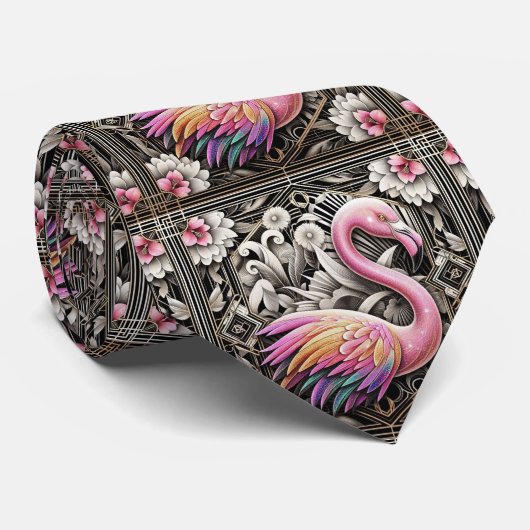 Cravate Retro Art Deco Pink Flamingos (Roulé)