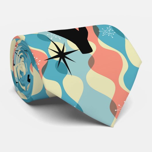 Cravate Retro Atomique Moyen Siècle Moderne MCM Cool Cat N (Roulé)