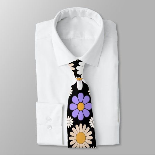 Cravate Retro Daisy Motif Simple.01. BG noir (Attaché)