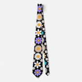 Cravate Retro Daisy Motif Simple.01. BG noir (Devant)