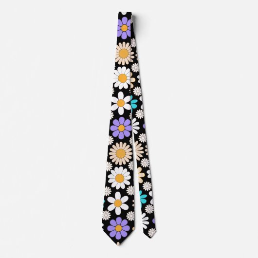 Cravate Retro Daisy Motif Simple.01. BG noir (Devant)