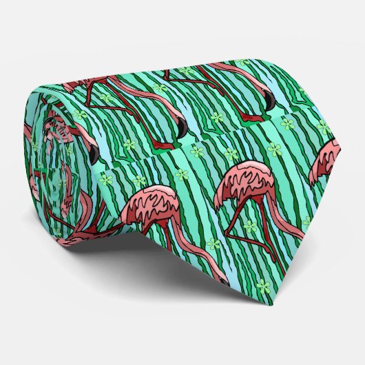 CRAVATE RÉTRO FLAMANT ROSE GÉNIAL DANS LA JUNGLE DE MOUSSE (Roulé)