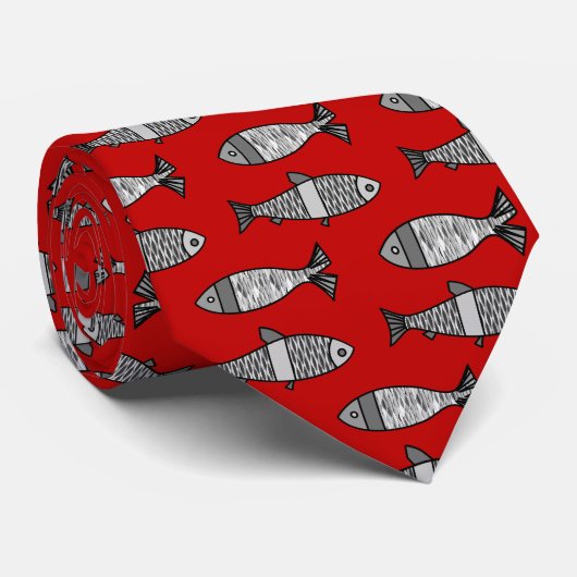 Cravate Retro Modern Fish, Deep Red and Gray / Grey (Roulé)