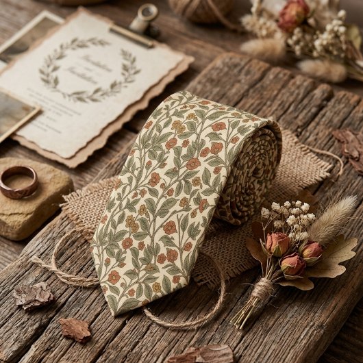 Cravate Retro Rustic Floral Olive Green Vine Pattern