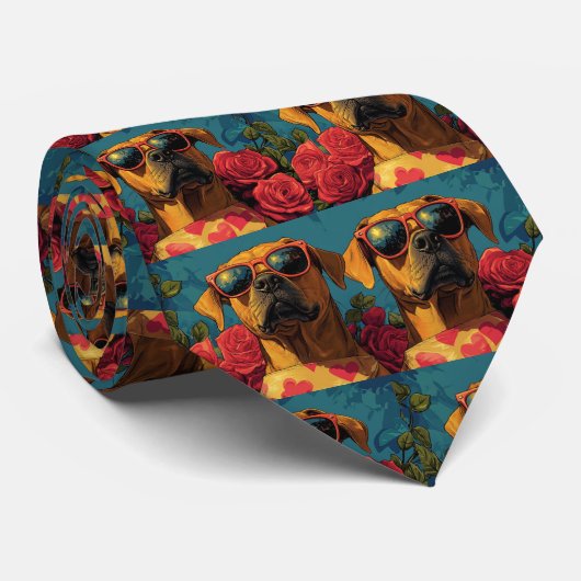 Cravate Rhodesian Ridgeback Heart Roses Saint-Valentin (Roulé)