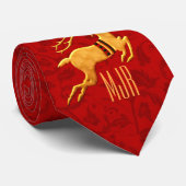 Cravate Rinder d'or sur Damas rouge avec Monogramme (Roulé)