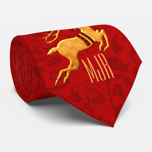 Cravate Rinder d'or sur Damas rouge avec Monogramme (Roulé)