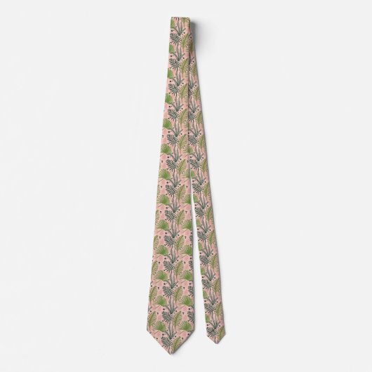 Cravate Rose avec lumière et vert foncé Feuille tropicale (Devant)
