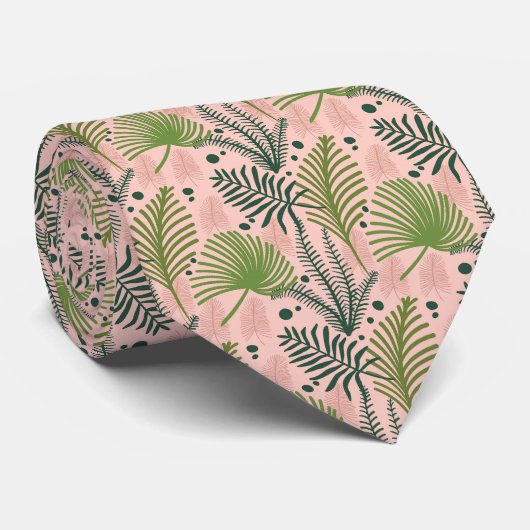 Cravate Rose avec lumière et vert foncé Feuille tropicale (Roulé)