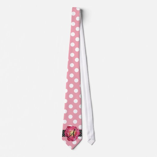 Cravate Rose blanc rose de rose de monogramme de pois (Devant)