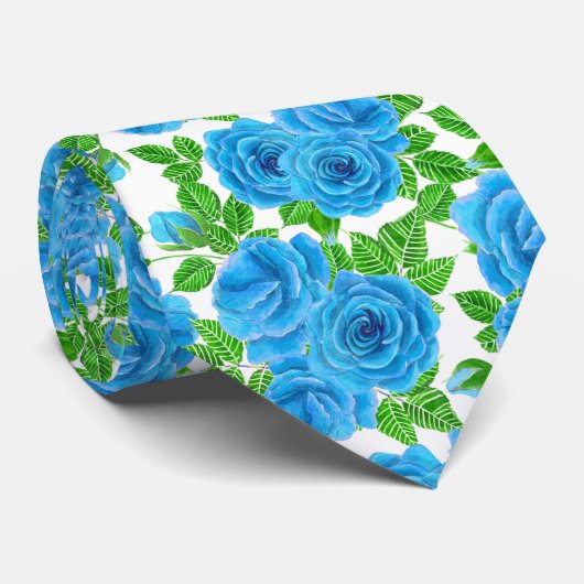 Cravate Rose bleu aquarelle motif transparent (Roulé)