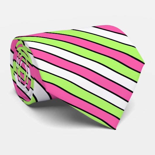 Cravate Rose chaud, vert citron, noir et blanc (Roulé)