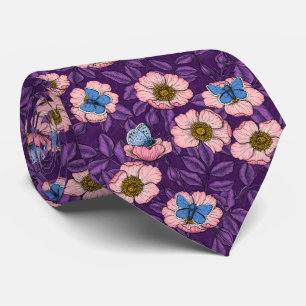 Cravate Rose de chien et papillons en rose et violet