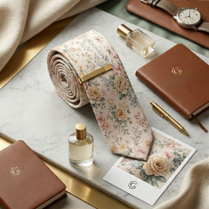Cravate Rose d'Ivoire & Fleur Sauvage  Floral Vintage Douc