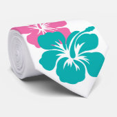 Cravate Rose et fleurs de ketmie de turquoise (Roulé)