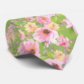 Cravate Rose et Pivoines Vert Lime (Roulé)