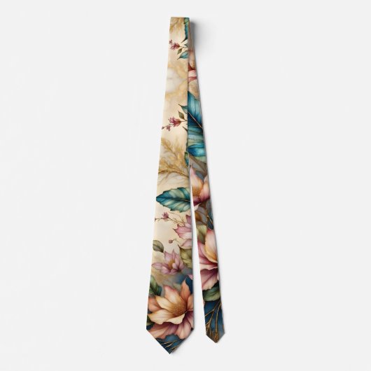 Cravate Rose et sarcelle Beauté florale sur beige (Devant)