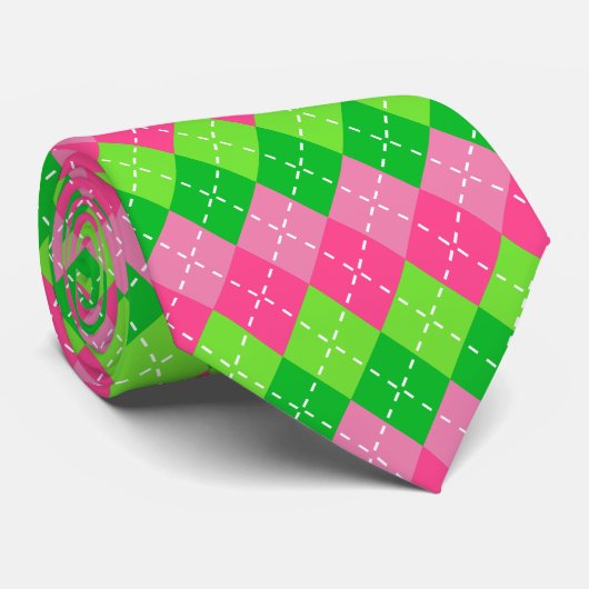 Cravate Rose et vert Argyle avec couture blanche (Roulé)