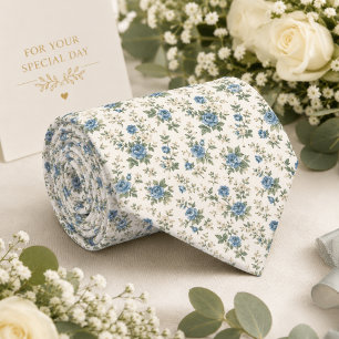 Cravate Rose Florale Bleu Poussiéreux