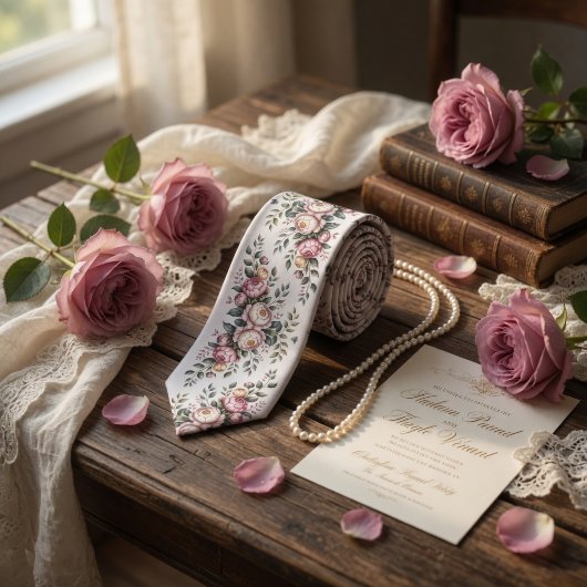 Cravate Rose Florale Vintage Mauve Élégante