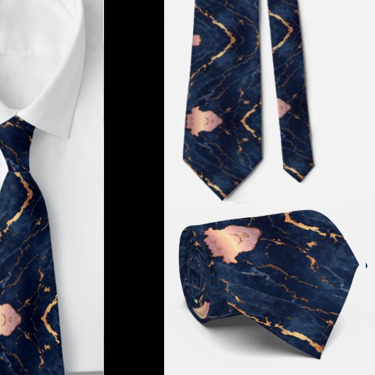 Cravate Rose Gold Feuille de Marbre Bleu Marine