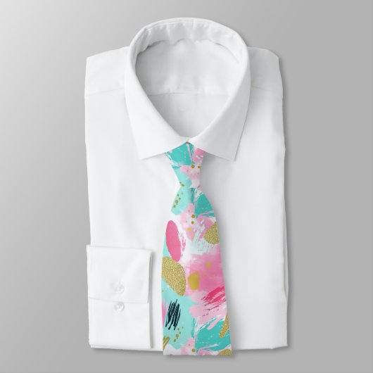 Cravate Rose Menthe Douce Or Printemps Abstrait Pinceaux (Attaché)