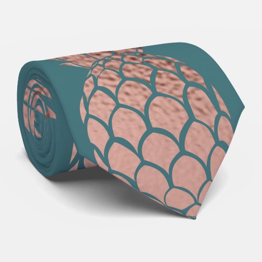 Cravate Rose moderne Gold Turquoise Motif d'ananas vert  (Roulé)