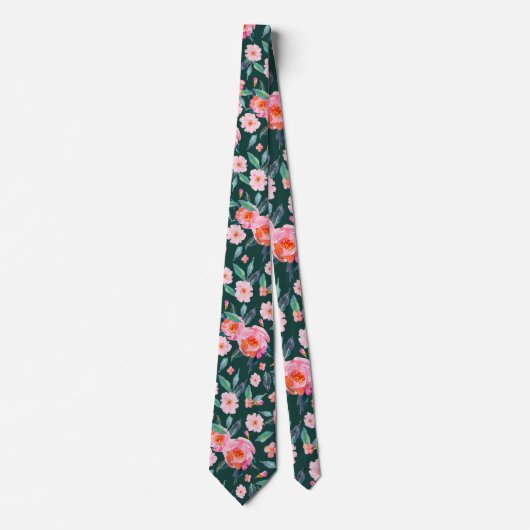 Cravate Rose Motif rose émeraude vert  Mariage (Devant)