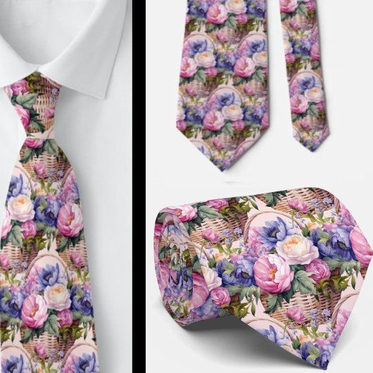 Cravate Rose Pâle Bleu Violet Pourpre Fleurs Floral
