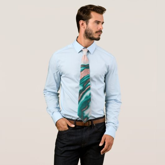 Cravate Rose Parties scintillant or rose Turquoise marbre (En situation)