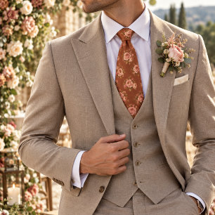 Cravate Rose rose et renoncule sur une florale marron argi