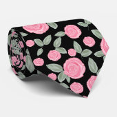 Cravate Rose rose Motif sur noir (Roulé)