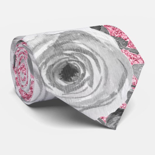 Cravate Roses aquarelle en gris et blanc sur Parties scint (Roulé)