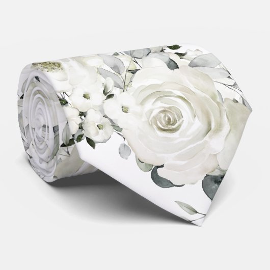 Cravate Roses blanches pures et Mariage d'eucalyptus argen (Roulé)