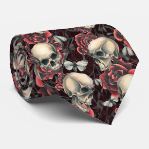 Cravate Roses et crânes rouges Motif d'Halloween Éffrayant