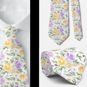 Cravate Roses Florales Aquarelle Jaune et Violet de Lavand