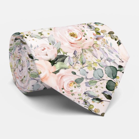 Cravate Roses Pivoines Hydrangeas Aquarelle Blush (Roulé)