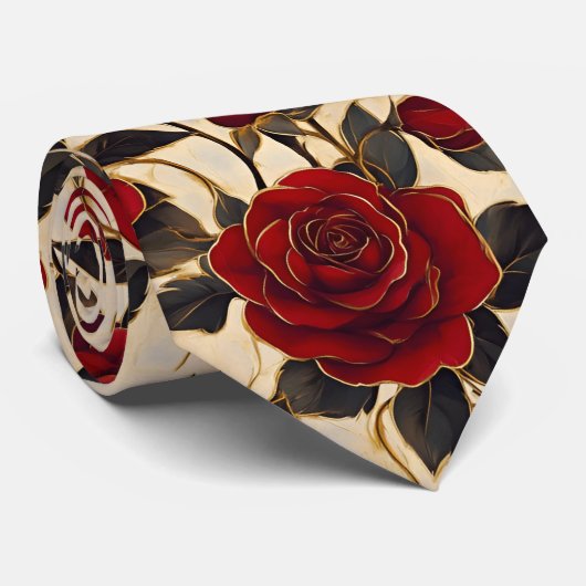 Cravate Roses rouges et dorées sur fond crémeux (Roulé)